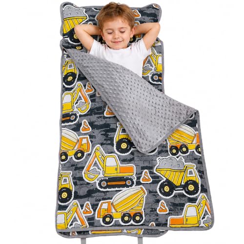 Image of Viviland Toddler Nap Mat with Pillow and Minky Dot Blanket, Excavator