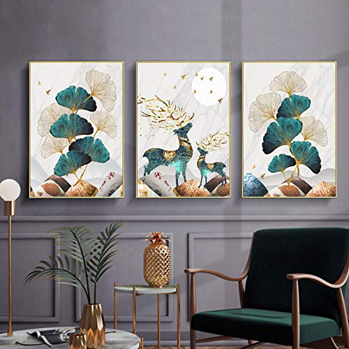 Lienzo de ciervos nórdicos y ginkgo verde para decorar un salón moderno con estilo 3