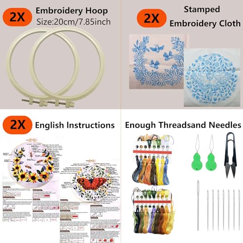 Image of Allazone 2 Sets Embroidery Kit for Beginners, Stitch Practice Kits for Craft Lover Hand Stitch with Embroidery Fabric with Stamped Pattern, Starter Stitch Kits Suitable for Adults (Butterfly)