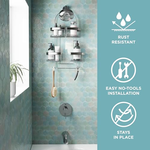 Zenna Home Rust-Resistant Hanging Shower Caddy for Handheld Shower Heads, Over the Shower Head Caddy with 2-Way Adjustable Baskets and Storage Hooks, Bathroom Hanging Organizer, Stainless Steel