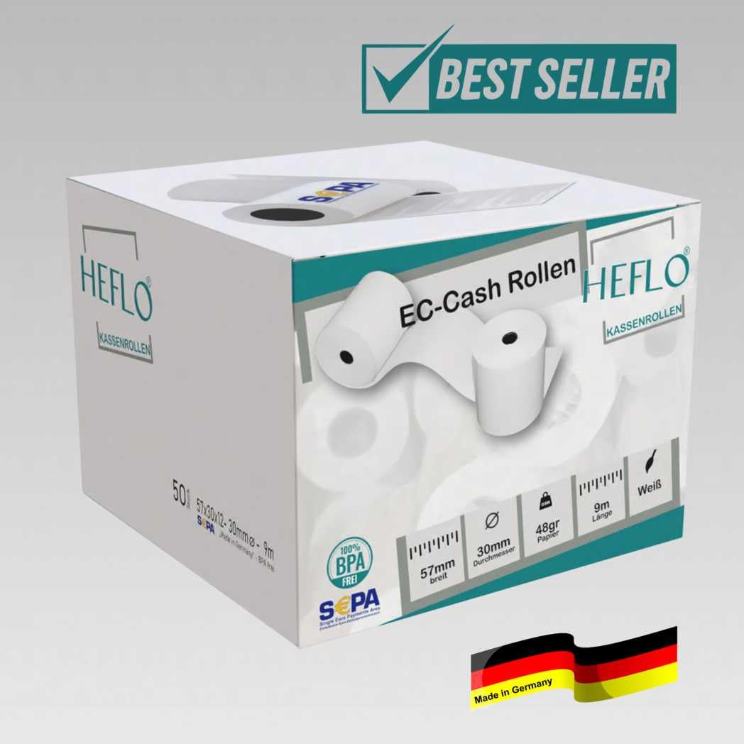 100 x EC Cash Rollen 57 mm x 30 mm x 12 mm, Ø 30 mm, 9 m lang, 48 g, SEPA Text, BPA frei, Bonrollen z. B. für SumUp, Verifone VX 880 und ICP WellPay Taxi