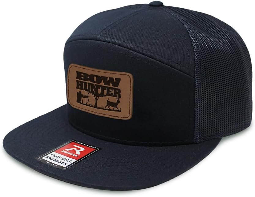 Custom Engraved Mesh Cap Hat Bow Hunter Deer and Hunter Silhouette Leather Patch Hats