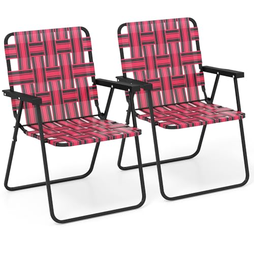 Image of Giantex 2-Pack Beach Chairs for Adults, Camping Chair with Steel Frame, Webbing Design, Lightweight Folding Directors Chair for Outdoor, Patio, Fishing, Yard, Poolside Lawn (Red)