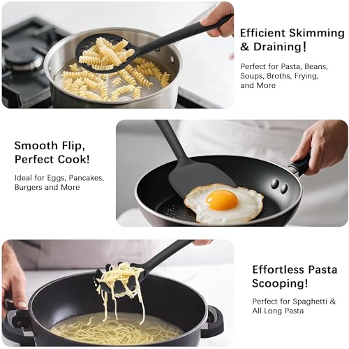 Coukre Silicone Kitchen Cooking Utensils Set with Holder – Heat-Resistant, Food-Grade Kitchen Tools, Spatula, Spoon & Gadgets for Non-Stick Pans, Dishwasher Safe (14, PureBlack) - Image 4
