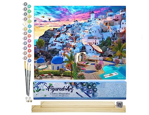 Figured'Art Malen Nach Zahlen Erwachsene Mit Rahmen Santorini - Paint by Numbers Basteln DIY Bastelset 40x50cm Mit Keilrahmen (nicht gespannt)