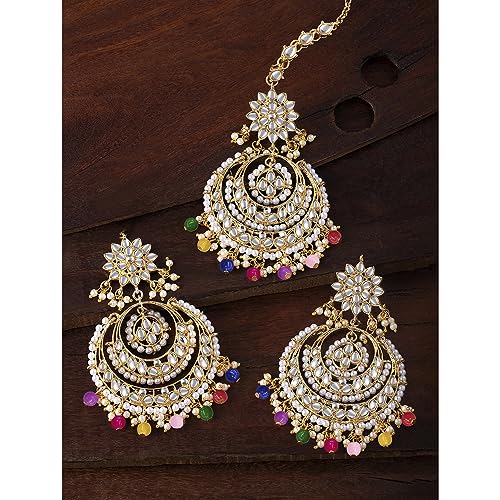 Image of Peora Traditional Jewellery Rhodium Kundan & Pearl Maang Tikka Earring Set for Women Girls