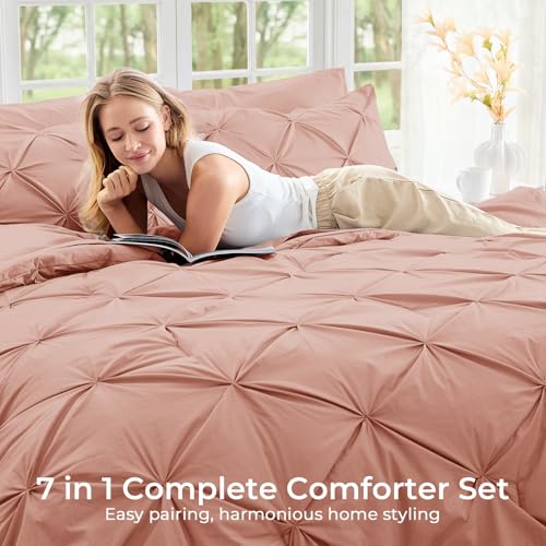 Image of Sasttie Full Size Comforter Set, 7-Piece Bed in a Bag Double, Pintuck Bedding Set for All Season, Includes Comforter, Flat Sheet, Fitted Sheet, Pillowcases and Pillowshams, Blush