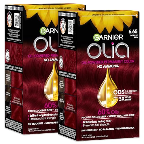 Garnier Olia Hair Color, Ammonia-Free Permanent Hair Dye, Oil-Powered Formula for 100% Gray Coverage and 3x Shinier Hair, Vegan & Cruelty Free, 6.65 Intense Red, 2 Count