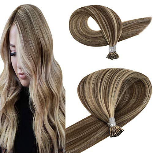JoYoung Fusion I Tip Hair Extensions Light Brown Highlight with Golden Blonde I Tip Hair Extensions Pre Bonded Fusion I Tip Hair Extensions Keratin Remy Hair Extensions 14inch 50g/100s