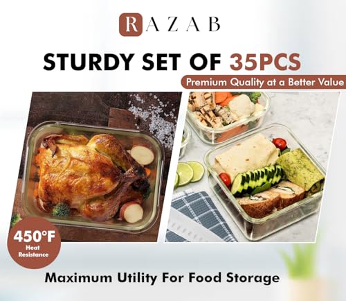 Image of Razab 35 Pc Set Glass Food Storage Containers with Lids - Meal Prep Airtight Bento Boxes BPA-Free 100% Leak Proof (15 lids,15 glass & 5 Plastic Sauce /Dip Containers)