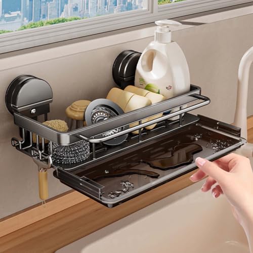 Marjoramy Organisateur Evier Cuisine Ventouse, Support Eponge Evier Cuisine avec Bac de Vidange Amovible, Organiseur d'évier, Porte Eponge Ventouse avec Porte...