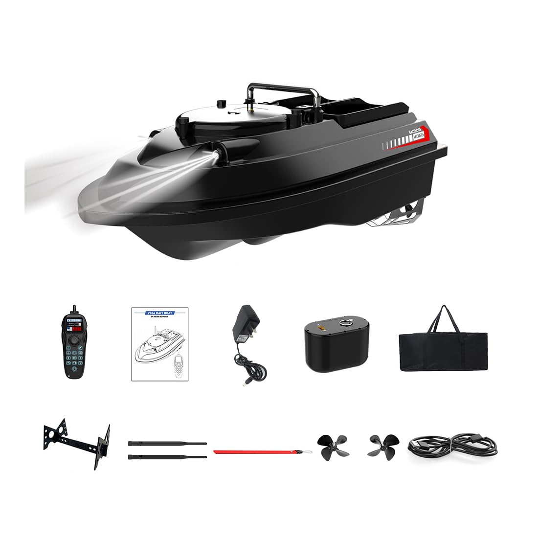 V066 Smart GPS RC Fishing Bait Boat for Pools&Lakes, Dual-Antenna High-Speed Brushless RC Boat with Led, Gyroscope, 3KG Loading Dual Hopper and 200