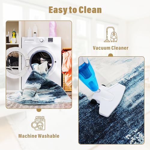 Carvapet 8x10 Blue Abstract Area Rug – Modern Large Washable 8 x 10 Low Pile Carpet with Rubber Backing, Foldable Non Slip Thin Rugs for Living Room, Bedroom, Dorm