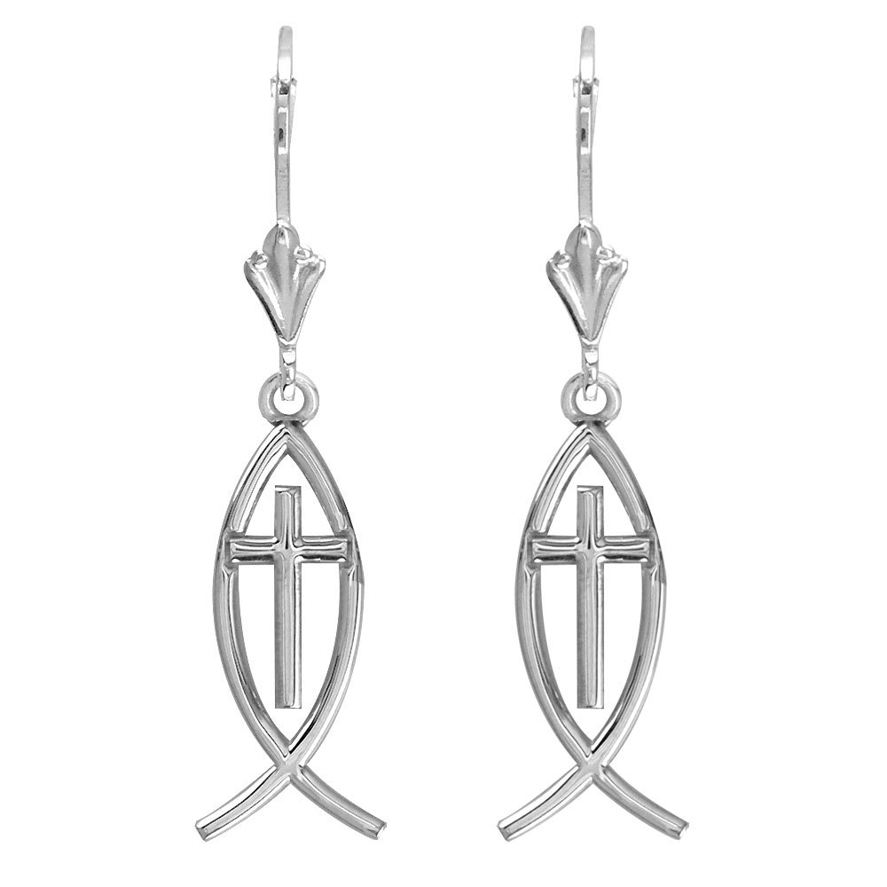 SZIROSmall Messianic Fish with Cross Charm Earrings in 14k White Gold