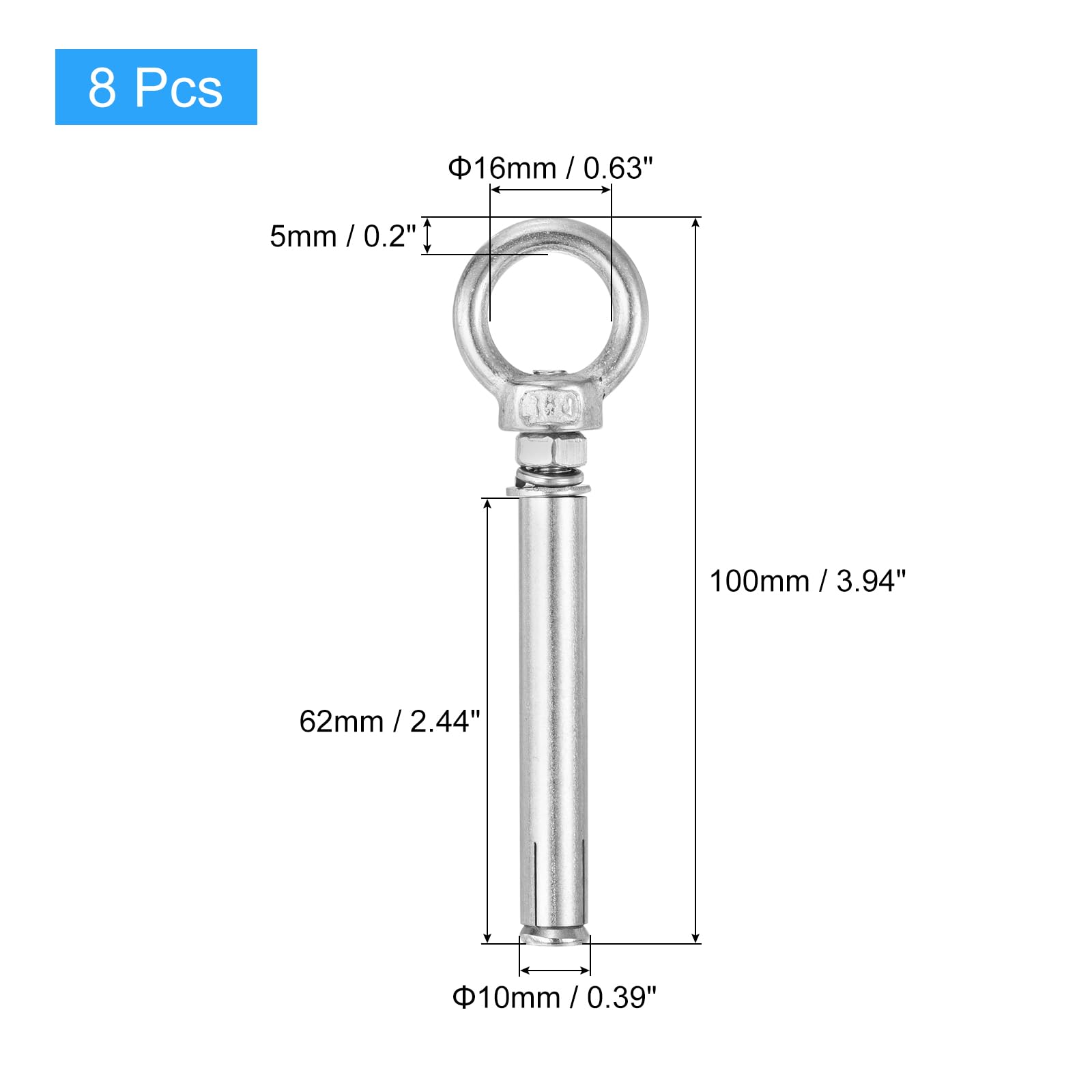 QUARKZMAN Anillo De Elevación Perno De Expansión, 8pcs M6x80mm 304 Acero Inoxidable Tornillo De Expansión Con Anillo Para Pared De Ladrillo De Hormigón
