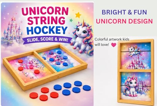 Image of BKDT Marketing Unicorn String Hockey Game for Kids & Family - Fast Sling Puck Board Game with 5 Red & 5 Blue Coins - Wooden Tabletop Indoor Outdoor Game - Birthday Return Gift for Boys Girls Age 5+