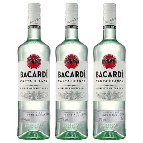 BACARDÍ Carta Blanca Ron Blanco Superior, 37,5 % ALC., 100 cl / 1 L, Ron Caribeño Icónico, Perfecto para Cócteles (Paquete de 3)
