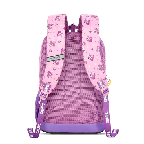 Image of American Tourister The Smurf with Durable Polyester Backpack for Girls /Official Smurfs Collection /Spacious 3 Compartments with Front Pocket /Adjustable Padded Straps for School, Picnic- Pink /Purple