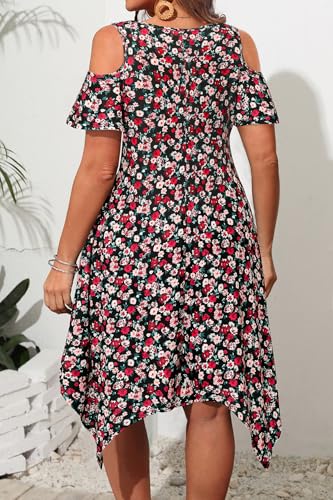 Image of Pinup Fashion Plus Size Summer Sundress Casual Flowy Cold Shoulder Dress | Breathable, scoop neck, handkerchief hem, side pockets, casual swing dress for beach, vacation,daily wear
