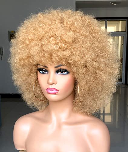 Hihoo Short Afro Wig With Bangs For Black Women Afro Kinky Curly Wig 70S Premium Synthetic Big Afro Wig(Blonde) #TOP2