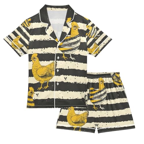 senya Chickens Wearing Stripes Satin Summer Pajama Sets Silk Short Sleeve Button Down Sleepwear