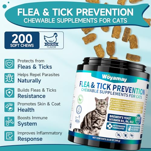 Woyamay Flea and Tick Prevention for Cats, Chewable Flea Treatment for Cats | Natural Cat Flea and Tick Treatment Chews, Daily Oral Cat Flea Treatment, Flea Prevention for Cats, Chicken Flavor, 200 Chews - Image 3