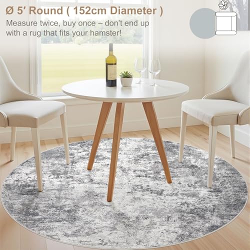 5ft Round Area Rug Living Room Rugs - 5x5 Washable Neutral Modern Abstract Soft Thin Rug Indoor Floor No Slip Rug Carpet for Bedroom Under Dining Table Home Office Decor - Grey