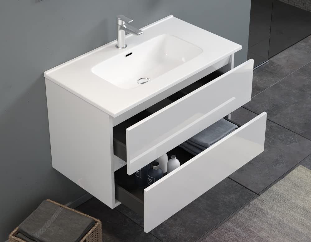 MaMa Store Atena Mobile sospeso con lavabo, specchio e lampada LED, Laminato, Bianco Lucido Laccato L. 62 X P. 47 X H. 53 Cm