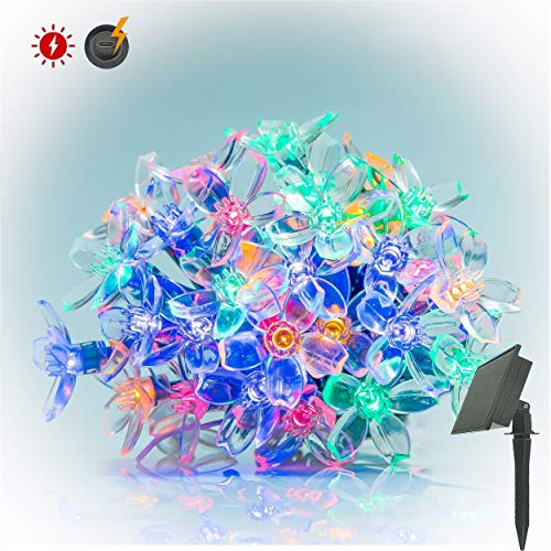RPGT Solar Cherry Blossom String Lights 500LED USB Charging Fairy String Lights 8 Modes IP44 Solar Powered Starry Lighting (Multi Color) for Outdoor Christmas Garden Wedding Party Holiday Decoration