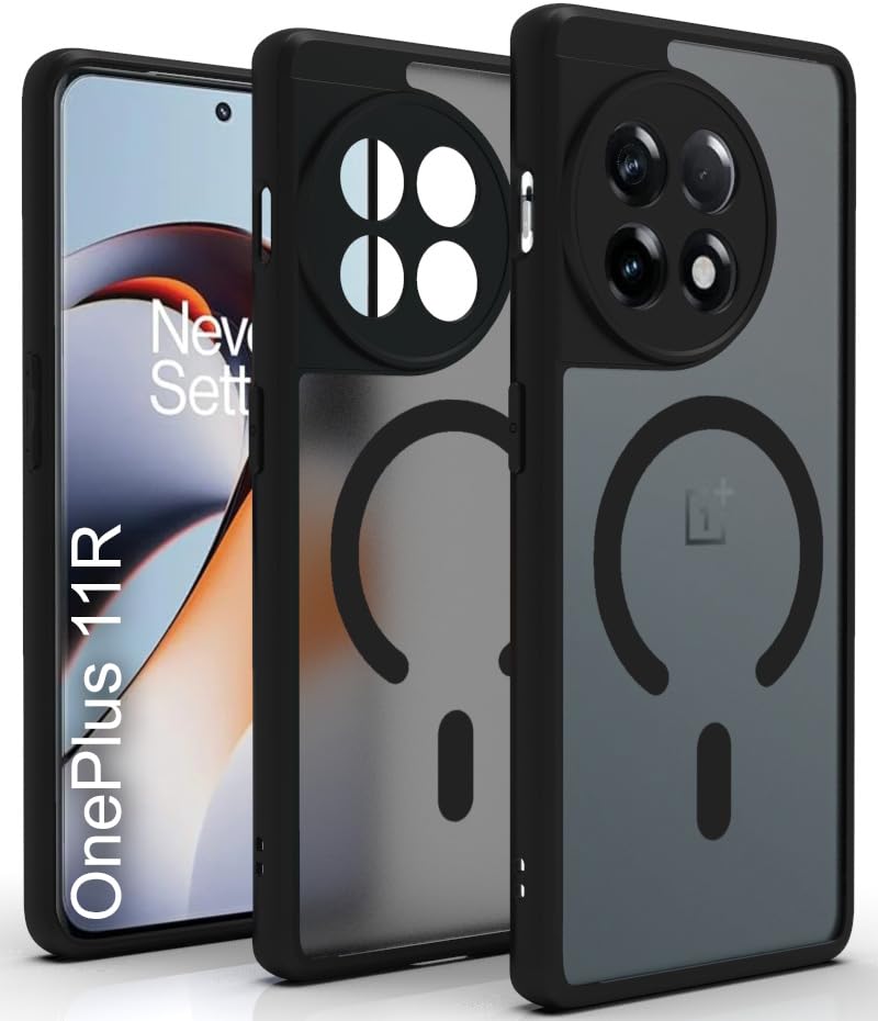 Image of RIGGEAR Shockproof Sleek Hybrid Armor Upgraded C-Shaped Magnetic Back Cover Case Compatible with MagSafe Accessories for OnePlus 11R (Smoke Black Matte PC + Black TPU Bumper)