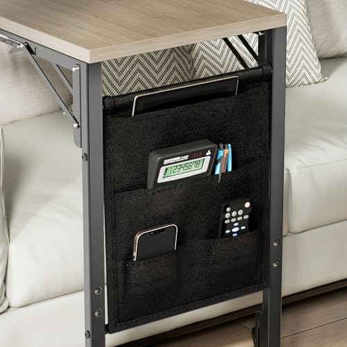 Image of Folding TV Tray Table, Small Folding Side Table with Storage Bag, Portable C Shaped End Table for Couch Sofa Bed, Oak Gray