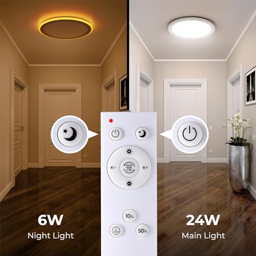 BLNAN Dimmable LED Ceiling Light with Remote Control, 2000K Nightlight, 24W Bathroom Lights Ceiling, 3000K-6500K Ceiling Lights for Bedroom, Kitchen, Living Room, Kid's Room, Round White 33CM - Image 3