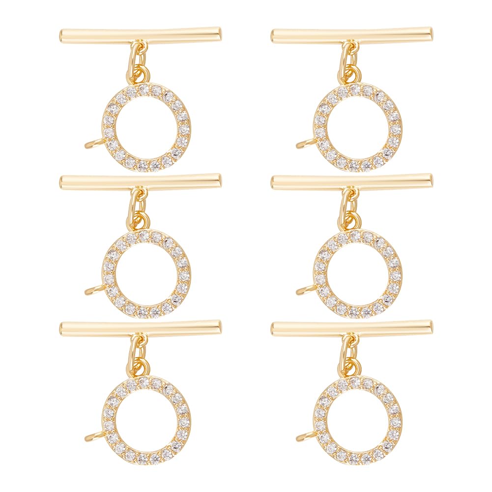 BENECREAT 6 Sets Real 18k Gold Plated Cubic Zirconia Toggle Clasps, Brass Micro Set Clear Cubic Zirconia Toggle Clasps for Making Necklace Bracelet and Other Jewelry