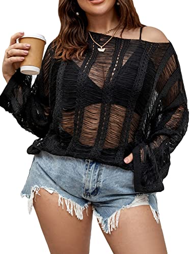Floerns Women's Plus Size Crochet Sweater Cover Up Top Hollow Out Long Sleeve Asymmetrical Neck Mesh Shirt Pullover Top