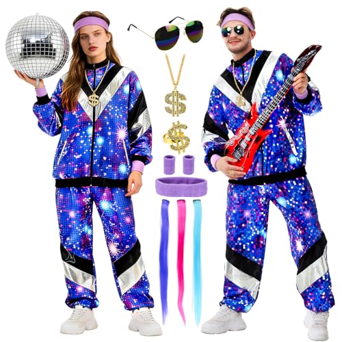 PATEMZON Costume Année 80 90 Homme Femme, 80s 90s Survêtement Déguisement avec Lunettes, Collier, Bandeau, et Bague, Starlight Ensembles de Sport Jogging Chic pour Carnaval Halloween Disco Party (L)