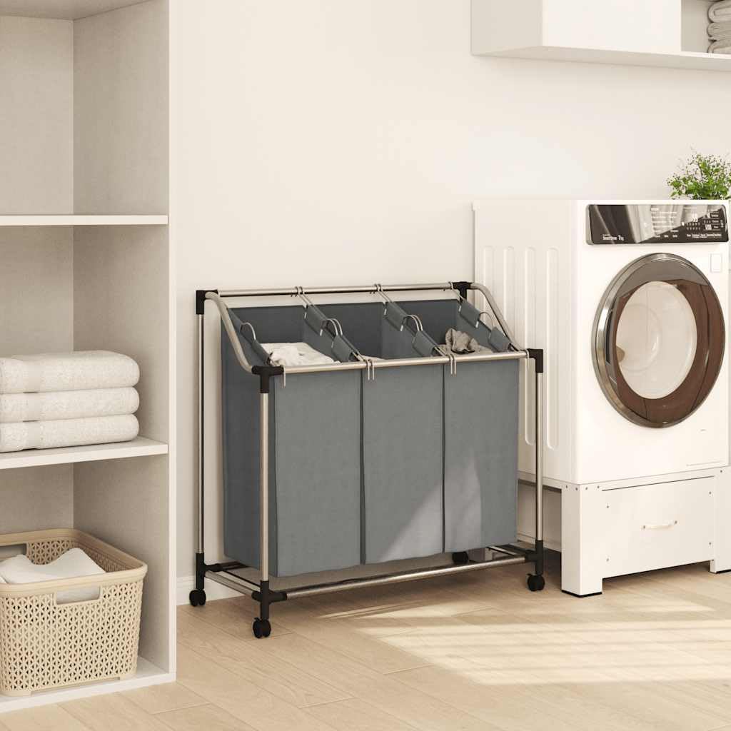 Cesto portabiancheria con ruote, 3 scomparti, grigio | Struttura in acciaio con rivestimento in plastica, 4 ruote girevoli con 2 freni, sacchetti portabiancheria rimovibili