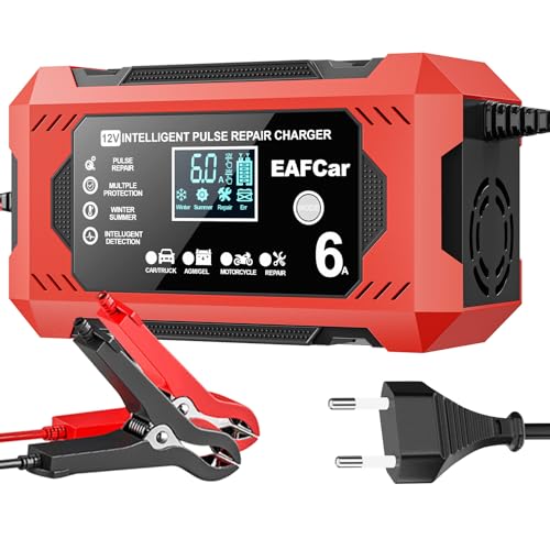 EAFCar 6A Autobatterie Ladegerät 12V Smart vollautomatische KFZ Batterieladegerät mit Temperaturkompensation für Auto LKW Motorrad Rasenmäher Boot Marine Batterien(6A)