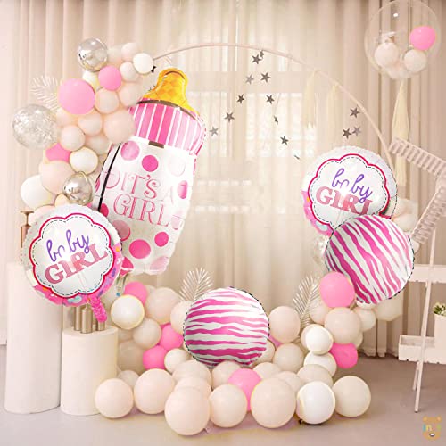 Just Party Set Of 35 Pcs- Its A Girl Baby Welcome Bottle , 2 Printed Round Foil , 2 Stripes Pattern Foil Balloons , 15 Pink White Pastel Balloons For Kids Birthday Party Theme Backdrop