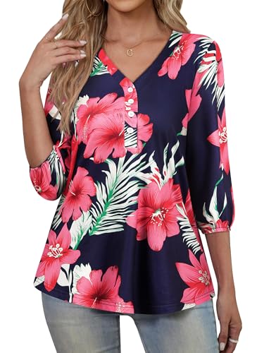 Womens 3/4 Sleeve Hawaiian Shirts V Neck Summer Floral Printed Shirt Casual Buttons Down Soft Tunic Tops3