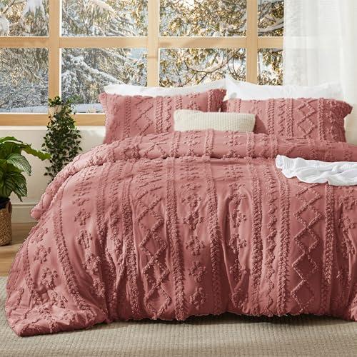 Bedsure Tufted Boho Comforter Set Queen Size - Grayish Pink Boho Bed Set, GentleSoft™ 3 Pieces Farmhouse Shabby Chic Embroidery Bedding, Gifts for Woman, Soft Jacquard Queen Comforter for All Seasons