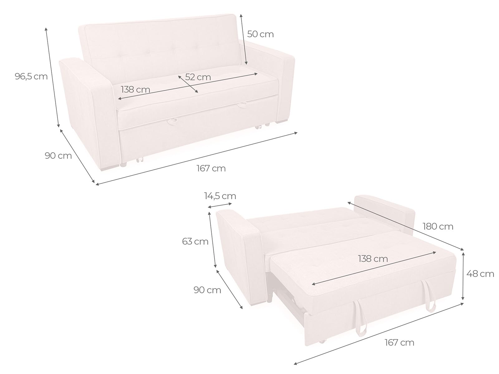 Homey - Sofá Cama de 2 Plazas Modelo Aron, Diseño Moderno, Práctico y Funcional, con Reposabrazos, Beige, 167cm x 90cm x 96,5cm