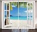 Ambesonne Turquoise Curtains, Tropical Palm Trees on Island Ocean Beach Through White Wooden Windows, Living Room Bedroom Window Drapes 2 Panel Set, 108" X 84", White Blue