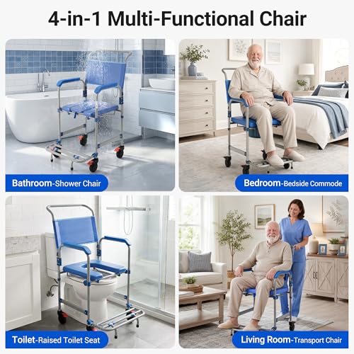 Image of 4-in-1 Bedside Commode with Wheels, Heavy Duty Shower Chair, 330LBS Capacity, 360 Lockable Casters, 18.9 inch Wide Seat, Detachable 6L Bucket, Portable Toilet for Elderly and Disabled