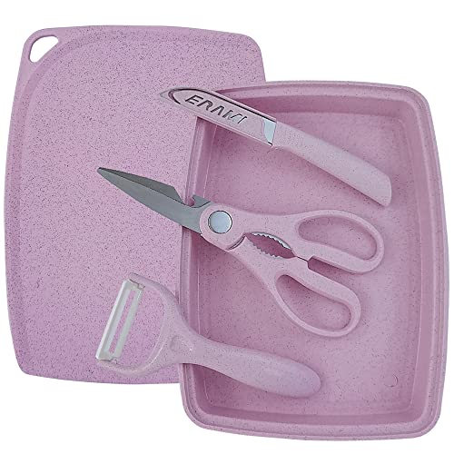Juego de cocina para el hogar，5 pcs Tabla de cortar y pelador de verduras Juego de tabla de cortar portátil，para al Aire Libre,Picnic,Camping (pink)