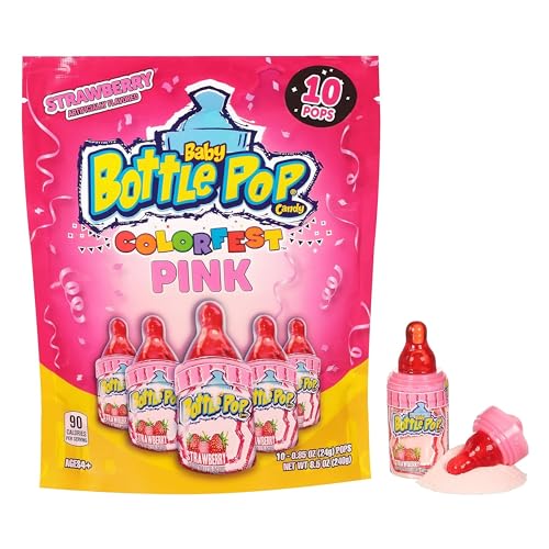 Baby Bottle Pop Pink Candy Lollipops - 10 Ct Individually Wrapped Bulk Candy Suckers in Strawberry Flavor - Pink Party Favors for Girls Baby Shower, Gender Reveal Decorations & Goodie Bags