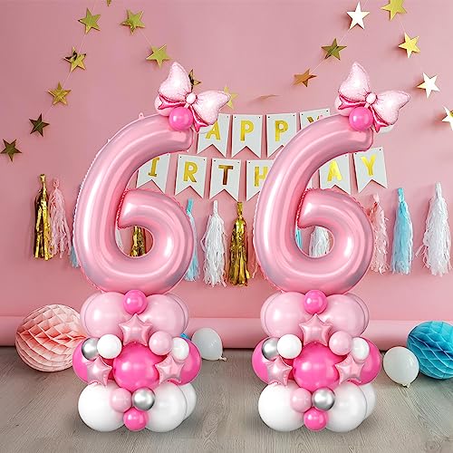 Image of 40 Inch Pink Number 6 Balloon Tower 6th Birthday Decorations for Girls | Large Pastel Baby Hot Pink White Number Six Foil Balloons Stack Set for 6 Years Old Princess Sixth Birthday Party Decorations