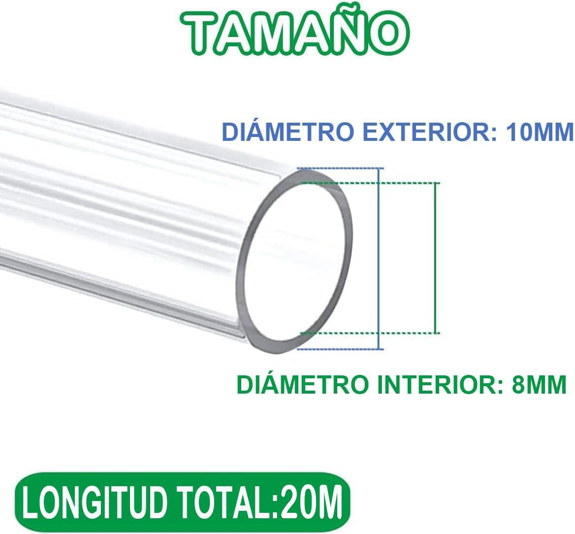 Tubo Flexible Transparente PVC 20 Metros 8mm x 10mm Manguera Nivel Líquidos