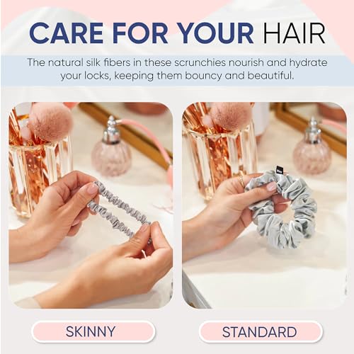 Image of Blissy Silk Scrunchies (3 Pack) - 100% Pure Mulberry Silk - 22 Momme 6A High-Grade Fibers Scrunchie for Straight & Curly Hair - Preventing Breakage, Tangling, & Creasing (Silver Regular)