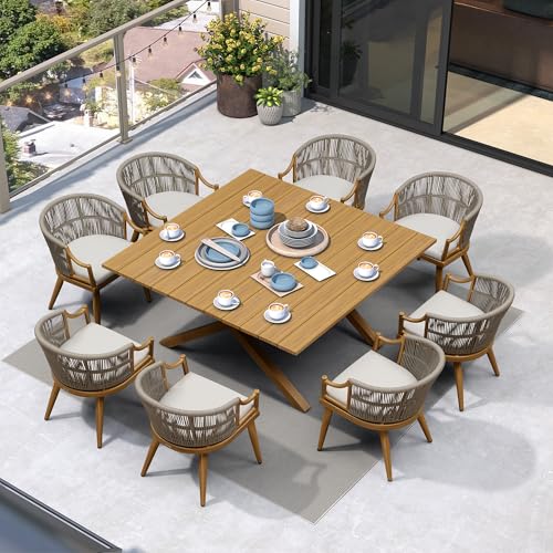 PURPLE LEAF 9 Pieces Outdoor Dining Set All Weather Wicker Patio Dining Set with Square Aluminum Table and Modern Armrest Dining Chairs for Garden Deck Backyard Kitchen, Teak