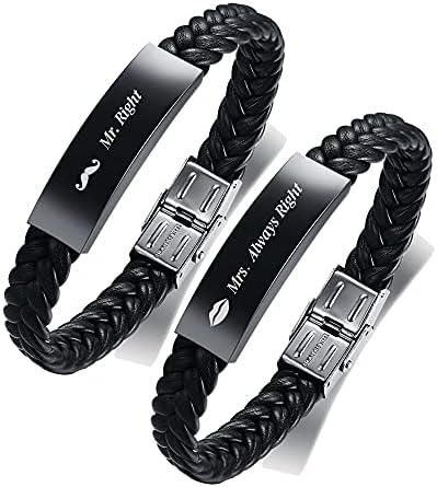 FLHEART Personalised Black Stainless Steel and Microfiber Braided Leather Bracelet Classic Style His Hers Couple Bracelet Adjustable Birthday Valentine's Day Anniversary Bracelet Gift